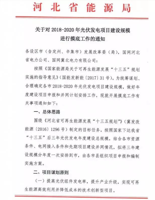 頭條！河北能源局發(fā)布《關(guān)于對2018-2020年光伏發(fā)電項(xiàng)目建設(shè)規(guī)模進(jìn)行摸底工作的通知》